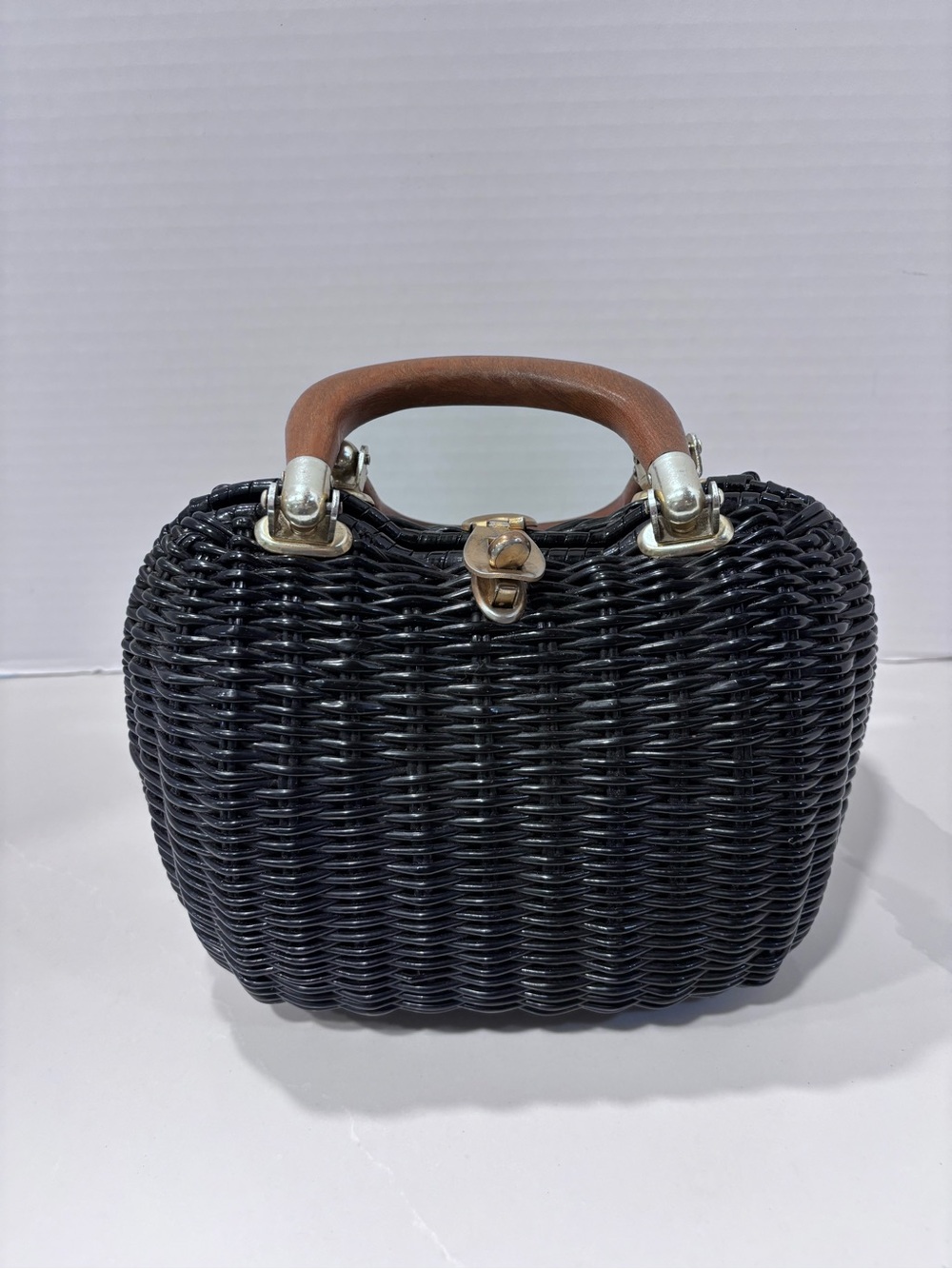 Vintage Lesco Lona Woven Black Handheld Basket Bag with Brown Handle